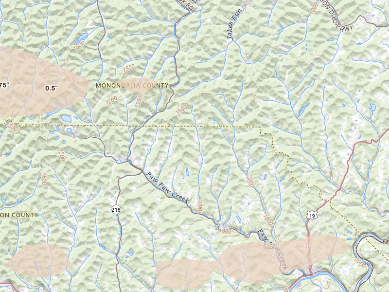 Radar-estimated hail-size map of the storm over Rivesville, WV on Apr 1, 2026