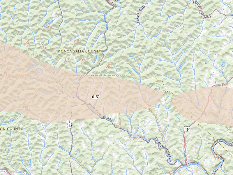 Radar-estimated hail-size map of the storm over Rivesville, WV on May 13, 2026