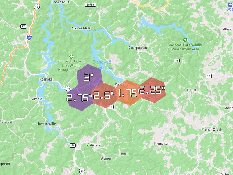 Hail map of Roanoke, WV on Jul 21, 2026, hail up to 3"