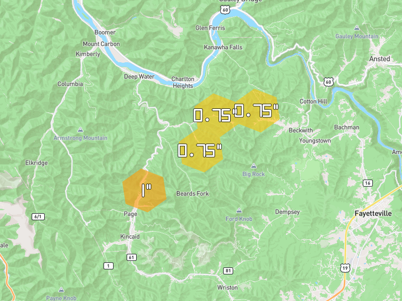 Hail map of Robson, WV on Jul 5, 2026, hail up to 1"