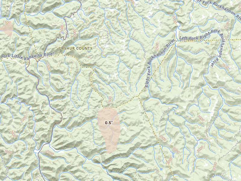 Radar-estimated hail-size map of the storm over Rock Cave, WV on Jun 8, 2026