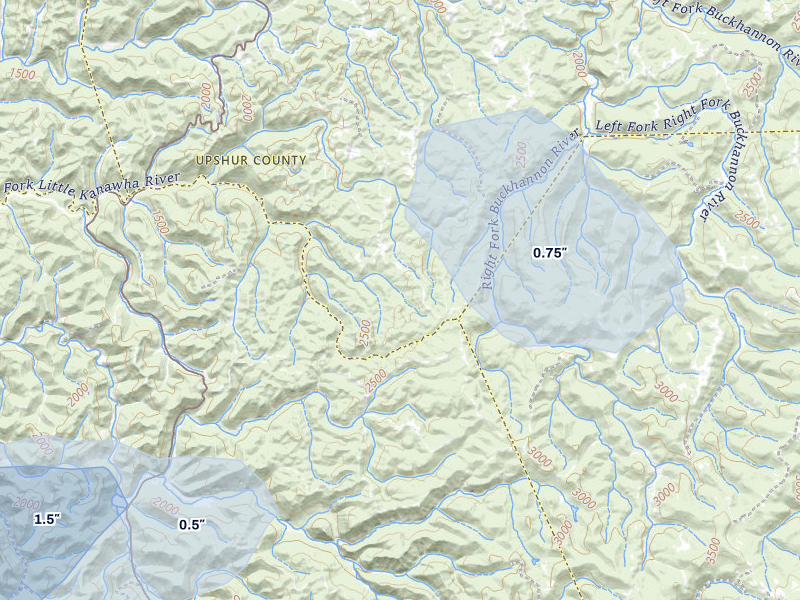NEXRAD radar-signature map of the hail over Rock Cave, WV