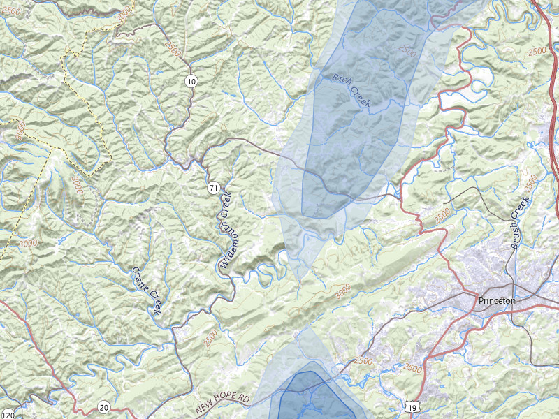 NEXRAD radar-signature map of the hail over Rock, WV