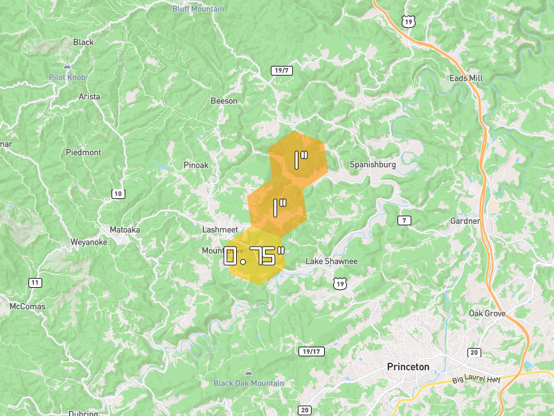 Hail map of Rock, WV on Jul 4, 2026, hail up to 1"