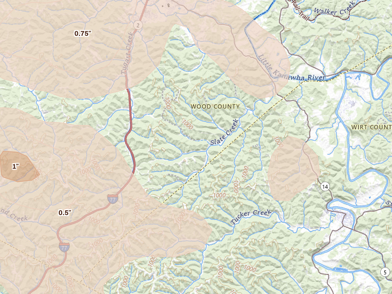 Radar-estimated hail-size map of the storm over Rockport, WV on Sep 4, 2026