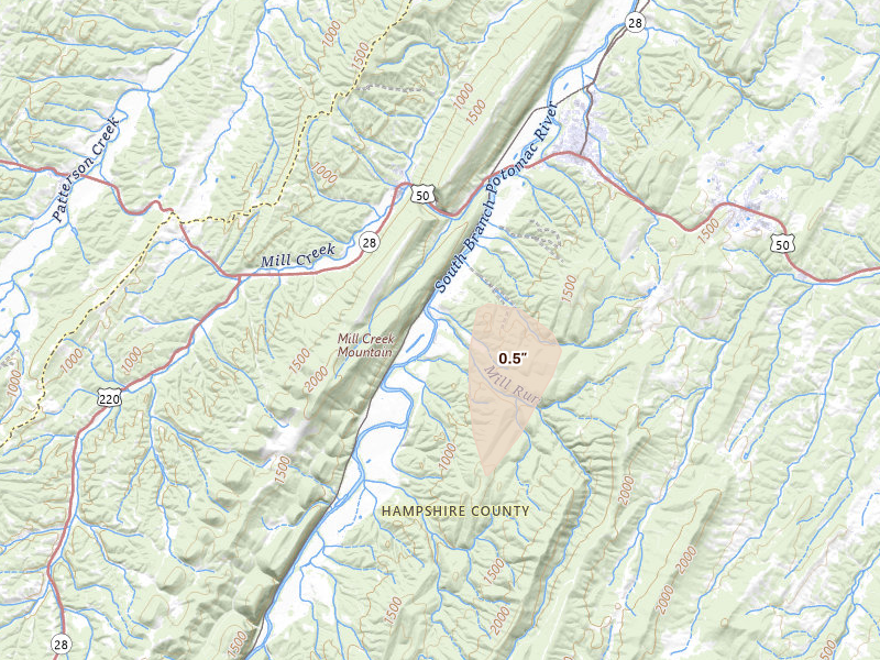 Radar-estimated hail-size map of the storm over Romney, WV on Jul 6, 2026