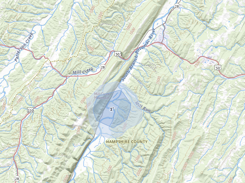 NEXRAD radar-signature map of the hail over Romney, WV