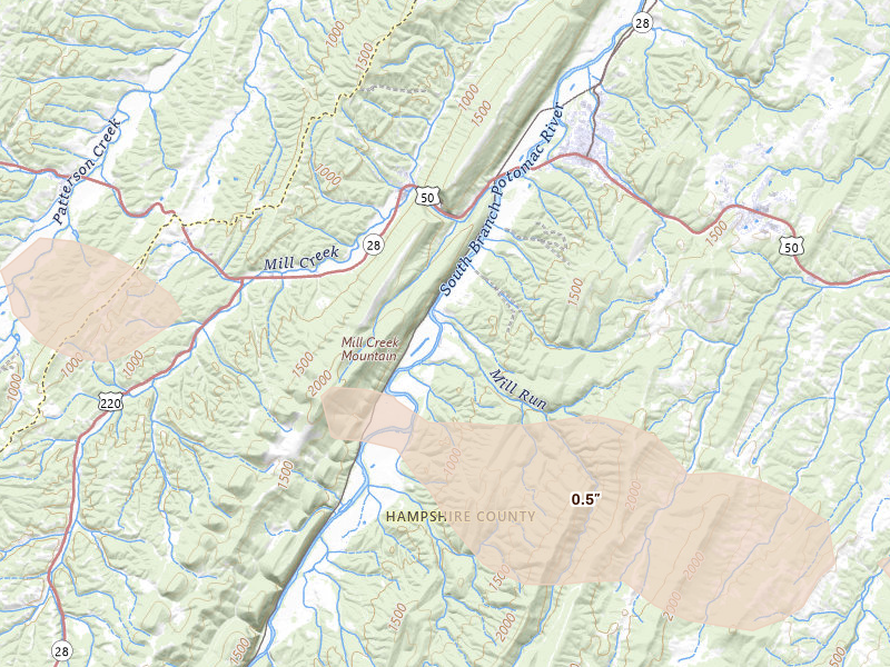 Radar-estimated hail-size map of the storm over Romney, WV on Jul 21, 2026