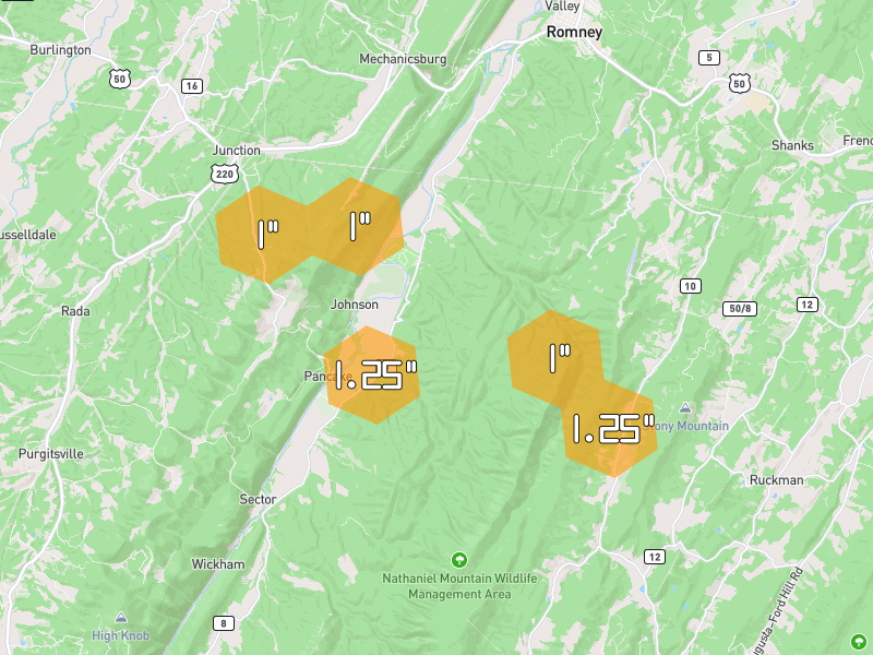 Hail map of Romney, WV on Jul 21, 2026, hail up to 1.25"