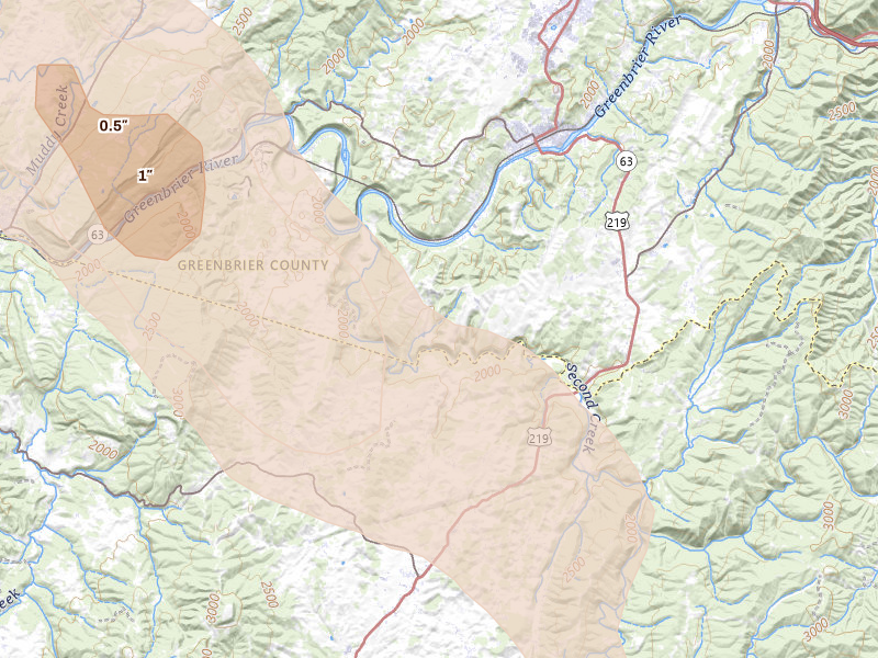 Radar-estimated hail-size map of the storm over Ronceverte, WV on Jul 28, 2026