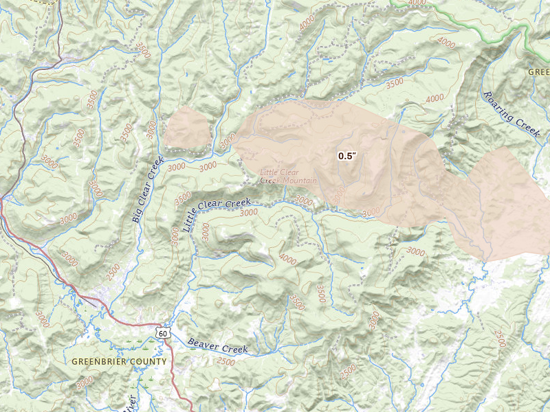 Radar-estimated hail-size map of the storm over Rupert, WV on Mar 4, 2026