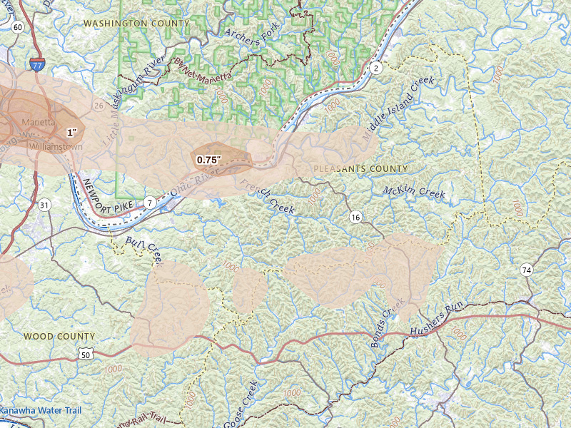 Radar-estimated hail-size map of the storm over Saint Marys, WV on Apr 1, 2026