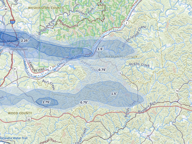 NEXRAD radar-signature map of the hail storm over Saint Marys, WV on Apr 1, 2026