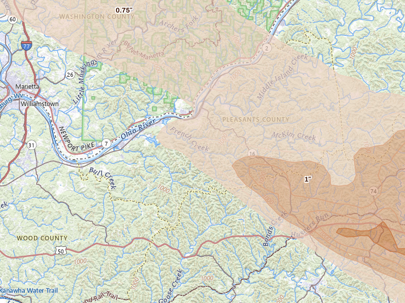 Radar-estimated hail-size map of the storm over Saint Marys, WV on Jul 21, 2026