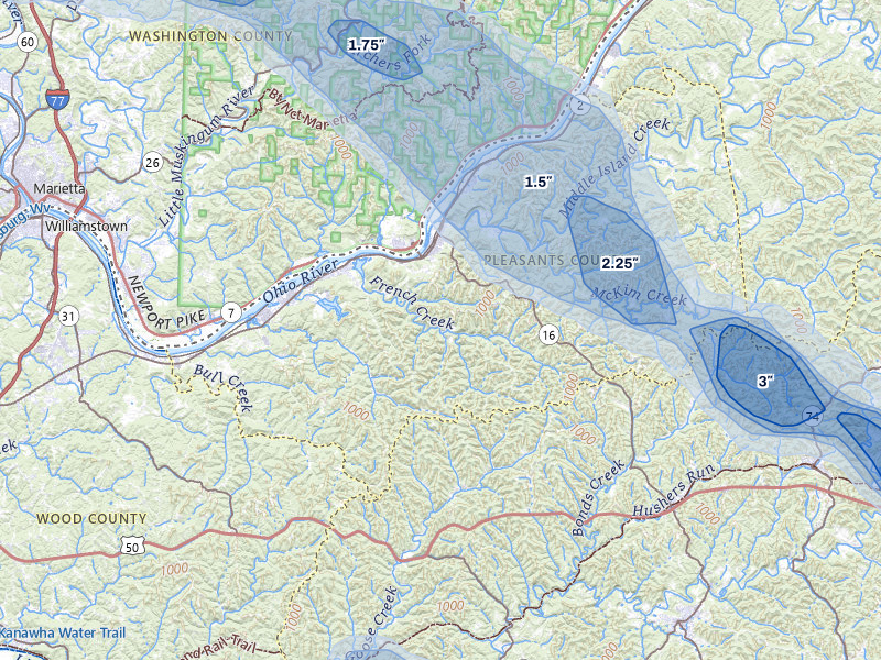 NEXRAD radar-signature map of the hail over Saint Marys, WV