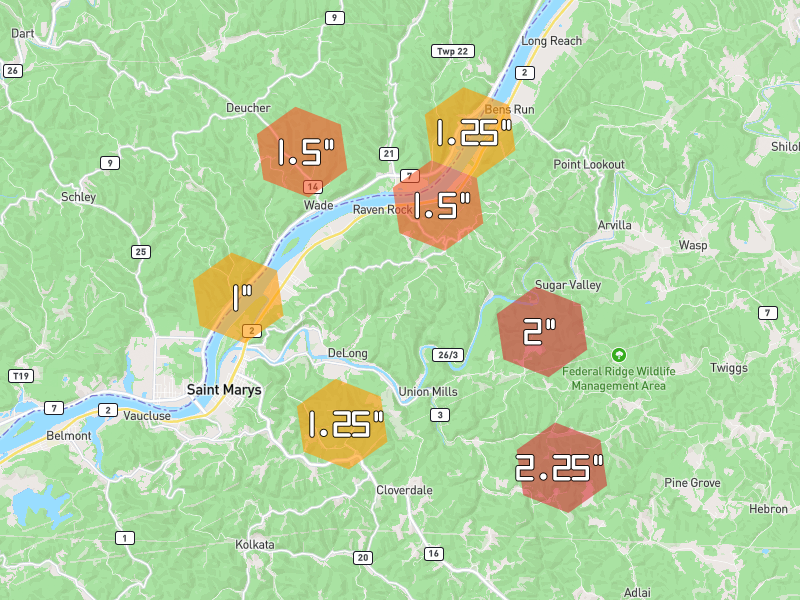 Hail map of Saint Marys, WV on Jul 21, 2026, hail up to 2.25"