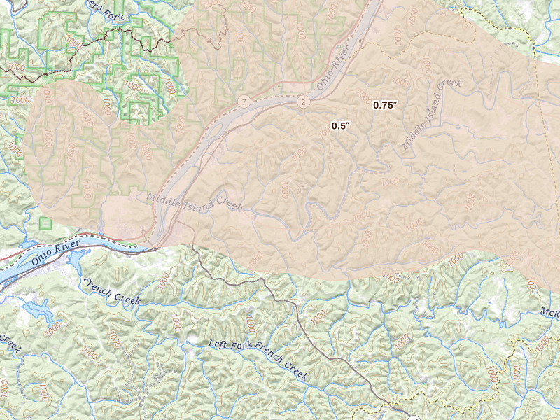 Radar-estimated hail-size map of the storm over Saint Marys, WV on Aug 10, 2026