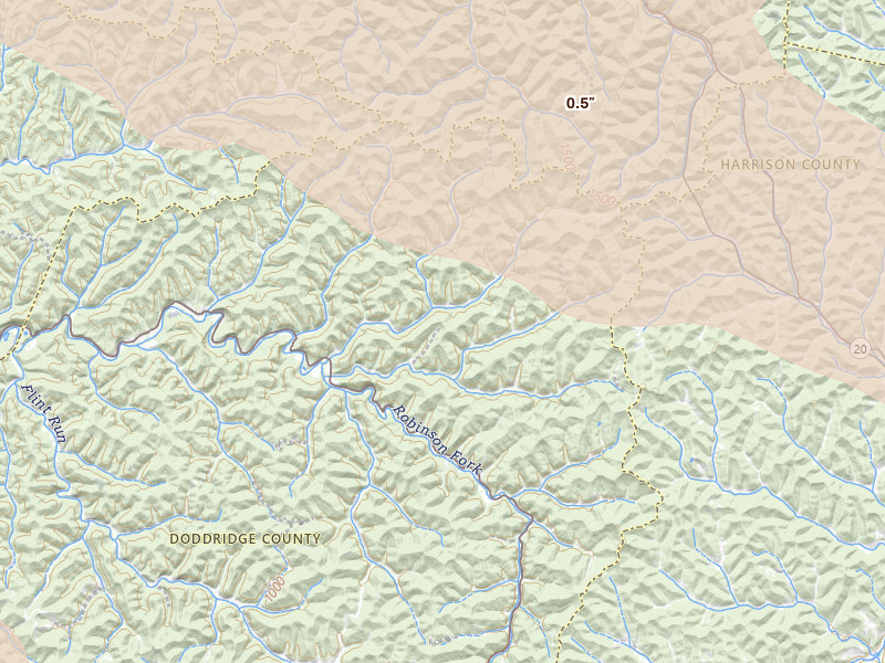 Radar-estimated hail-size map of the storm over Salem, WV on Jul 21, 2026