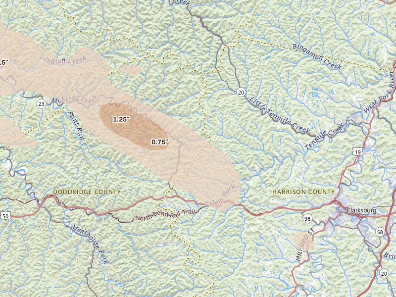 Radar-estimated hail-size map of the storm over Salem, WV on Sep 3, 2026