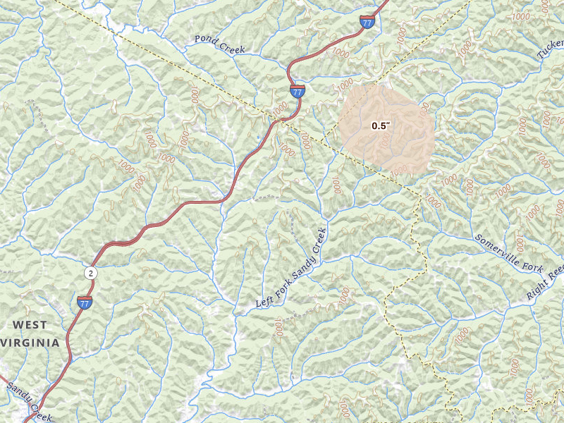 Radar-estimated hail-size map of the storm over Sandyville, WV on Jul 17, 2026