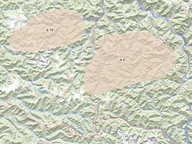 Radar-estimated hail-size map of the storm over Sarah Ann, WV on Apr 1, 2026