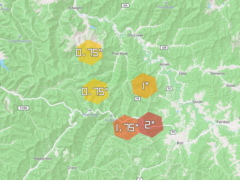 Hail map of Saxon, WV on Jul 4, 2026, hail up to 2"