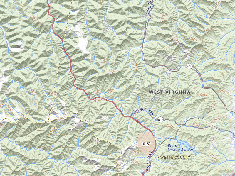 Radar-estimated hail-size map of the storm over Scarbro, WV on Jul 28, 2026