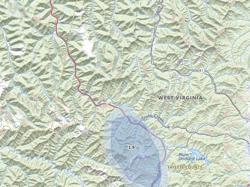 NEXRAD radar-signature map of the hail over Scarbro, WV