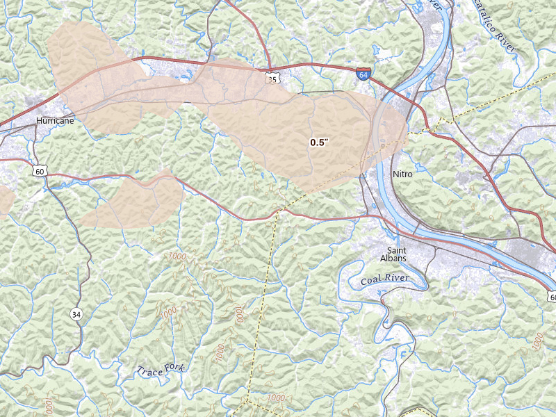 Radar-estimated hail-size map of the storm over Scott Depot, WV on Aug 16, 2026