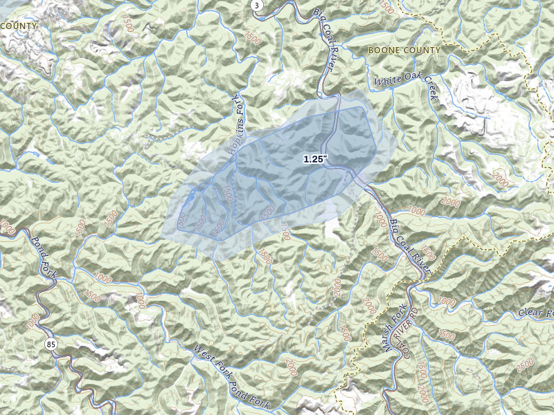 NEXRAD radar-signature map of the hail over Seth, WV