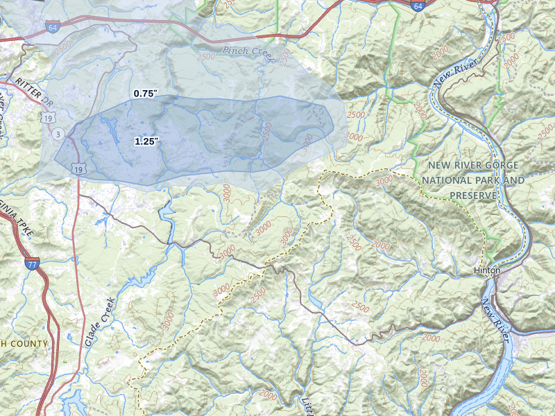 NEXRAD radar-signature map of the hail over Shady Spring, WV