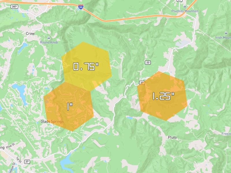 Hail map of Shady Spring, WV on Jul 4, 2026, hail up to 1.25"