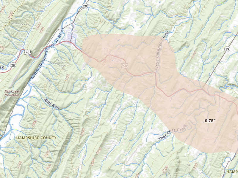 Radar-estimated hail-size map of the storm over Shanks, WV on Sep 4, 2026