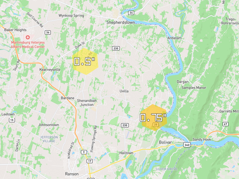 Hail map of Shenandoah Junction, WV on Jul 6, 2026, hail up to 0.75"