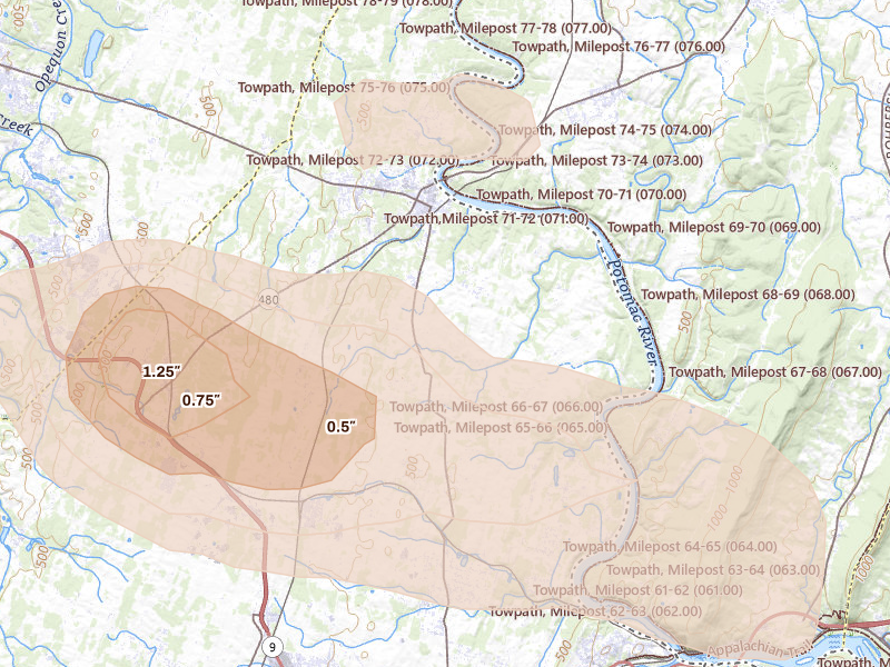 Radar-estimated hail-size map of the storm over Shenandoah Junction, WV on Jul 28, 2026