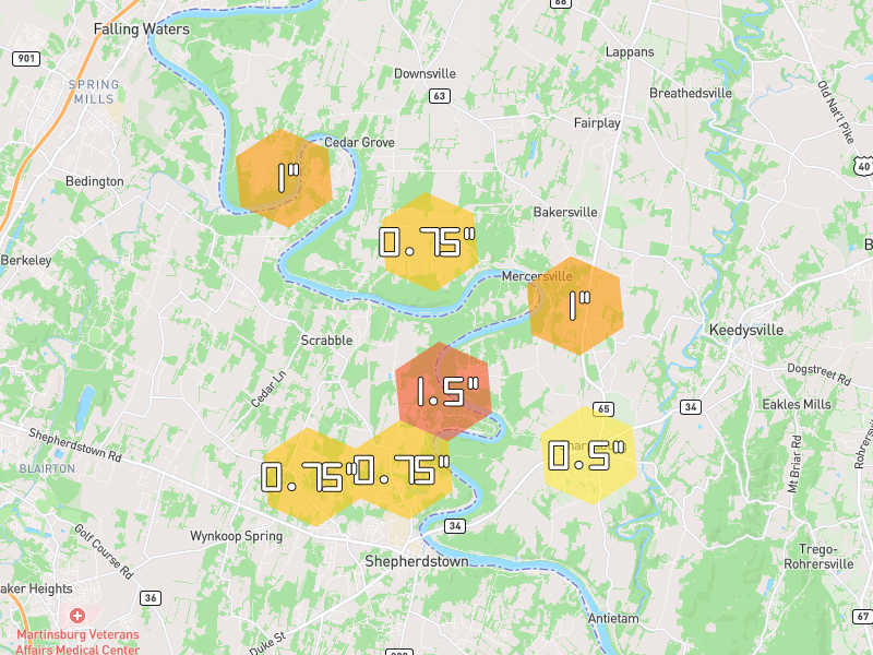 Hail map of Shepherdstown, WV on Jul 28, 2026, hail up to 1.5"