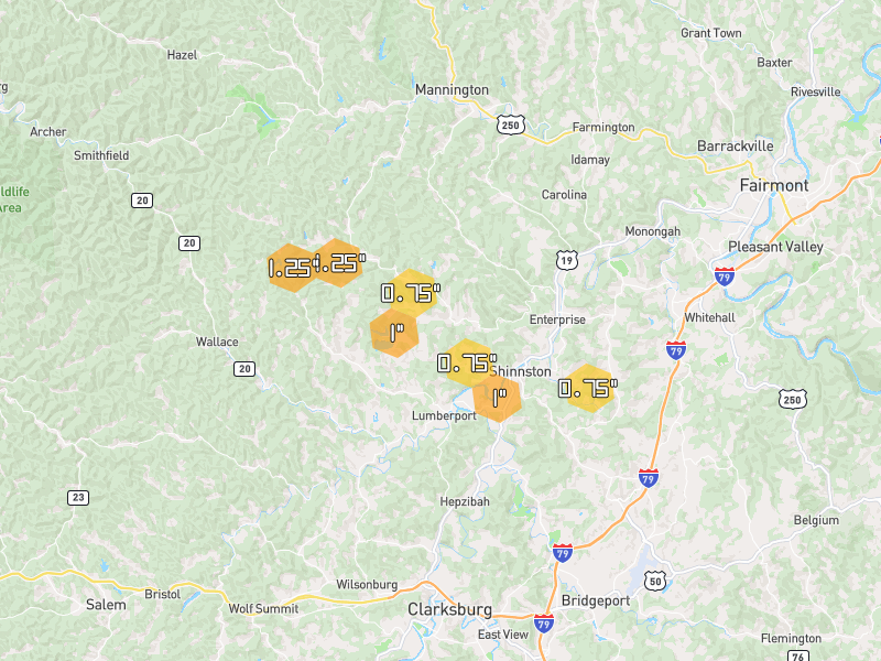 Hail map of Shinnston, WV on Jul 21, 2026, hail up to 1.25"