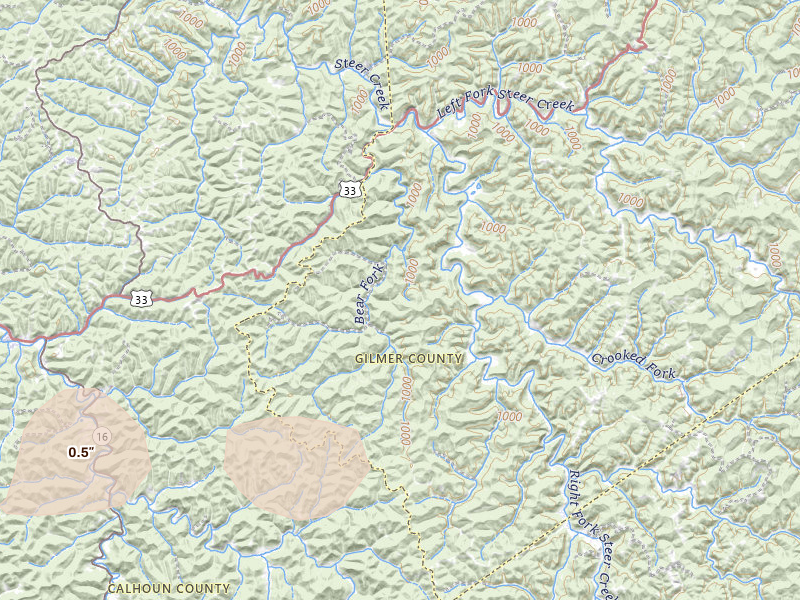 Radar-estimated hail-size map of the storm over Shock, WV on Jul 5, 2026