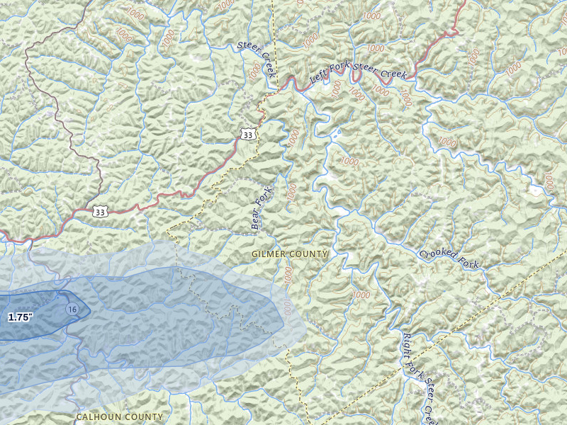 NEXRAD radar-signature map of the hail storm over Shock, WV on Jul 5, 2026