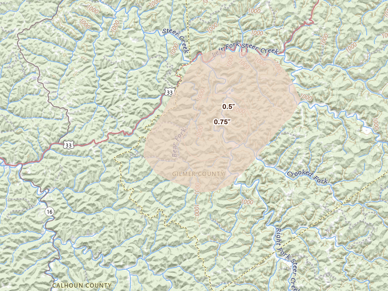 Radar-estimated hail-size map of the storm over Shock, WV on Aug 7, 2026