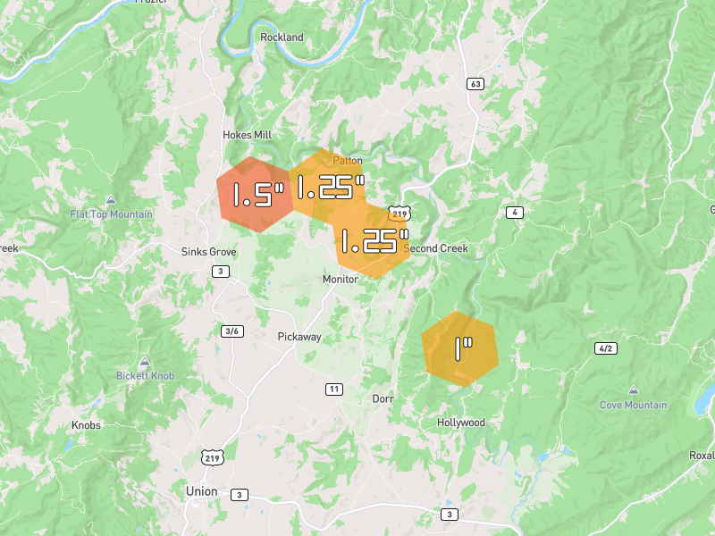 Hail map of Sinks Grove, WV on Jul 28, 2026, hail up to 1.5"