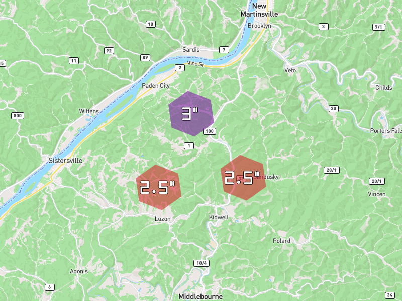 Hail map of Sistersville, WV on Jul 21, 2026, hail up to 3"