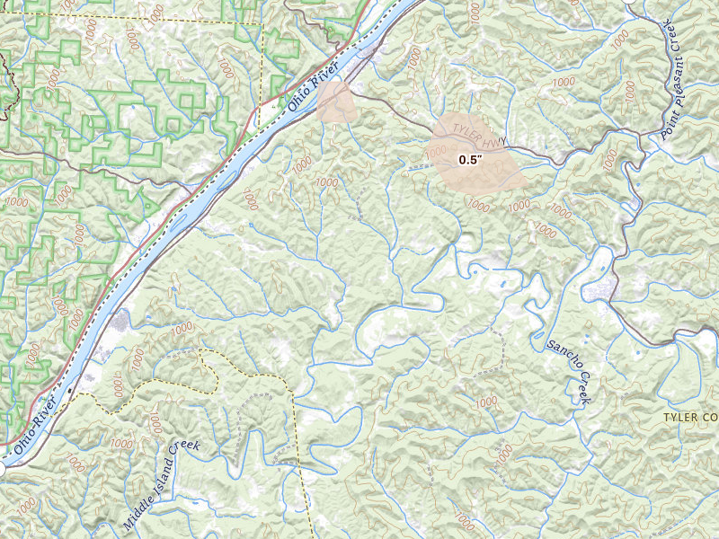 Radar-estimated hail-size map of the storm over Sistersville, WV on Sep 4, 2026