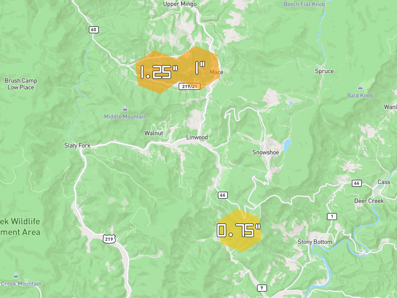 Hail map of Slatyfork, WV on Jul 4, 2026, hail up to 1.25"