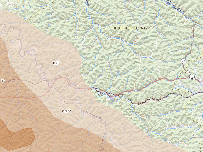 Radar-estimated hail-size map of the storm over Smithburg, WV on Jul 21, 2026