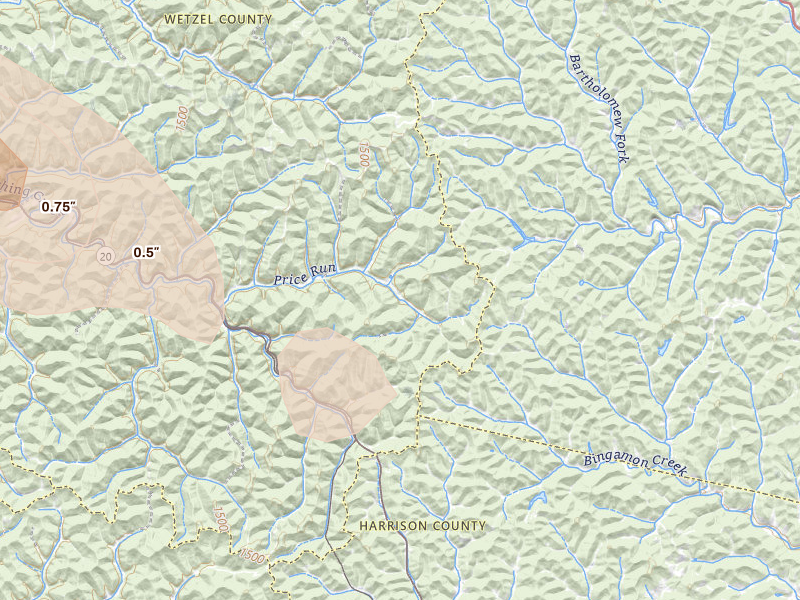Radar-estimated hail-size map of the storm over Smithfield, WV on May 27, 2026