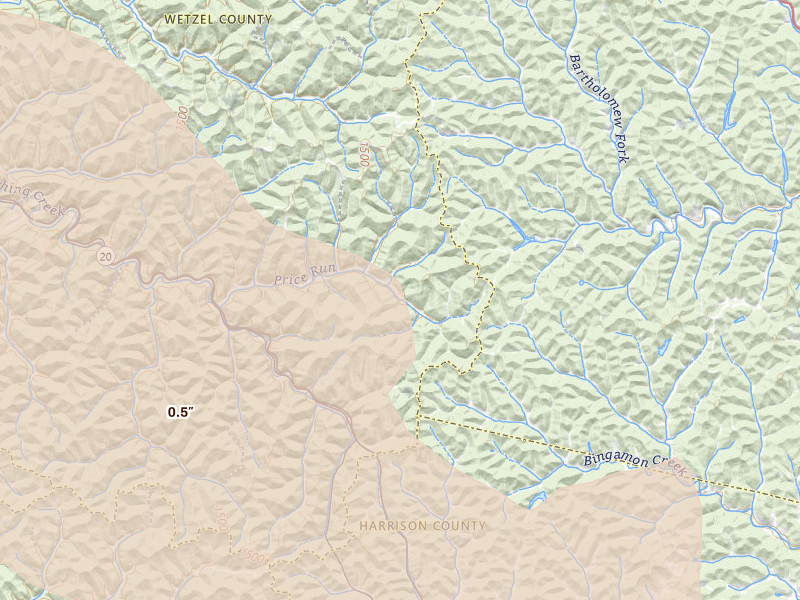 Radar-estimated hail-size map of the storm over Smithfield, WV on Jul 21, 2026