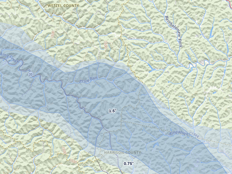 NEXRAD radar-signature map of the hail over Smithfield, WV