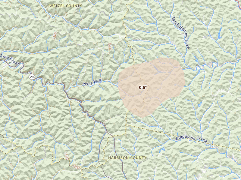 Radar-estimated hail-size map of the storm over Smithfield, WV on Aug 22, 2026
