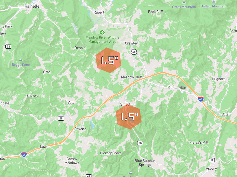 Hail map of Smoot, WV on Jul 28, 2026, hail up to 1.5"